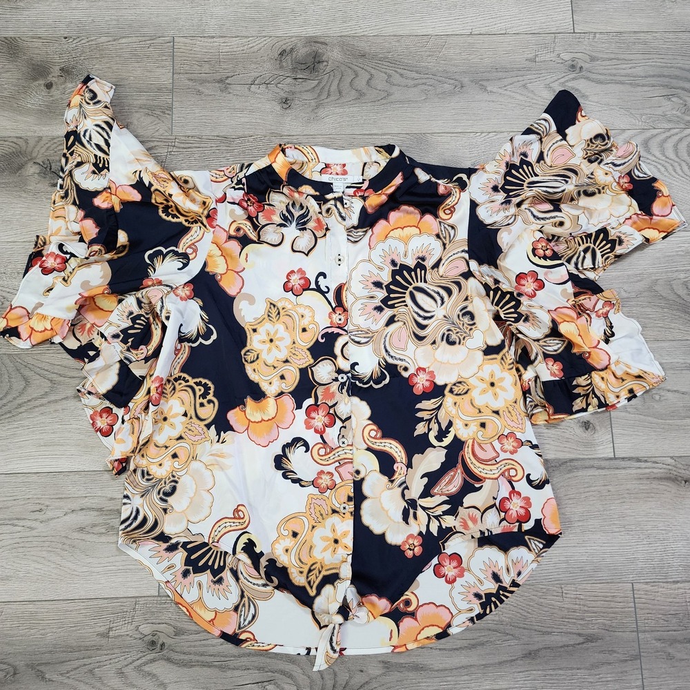 Chicos Women's Floral Print Ruffle Button Down Short Sleeve Blouse‎ Size 1/S NWT